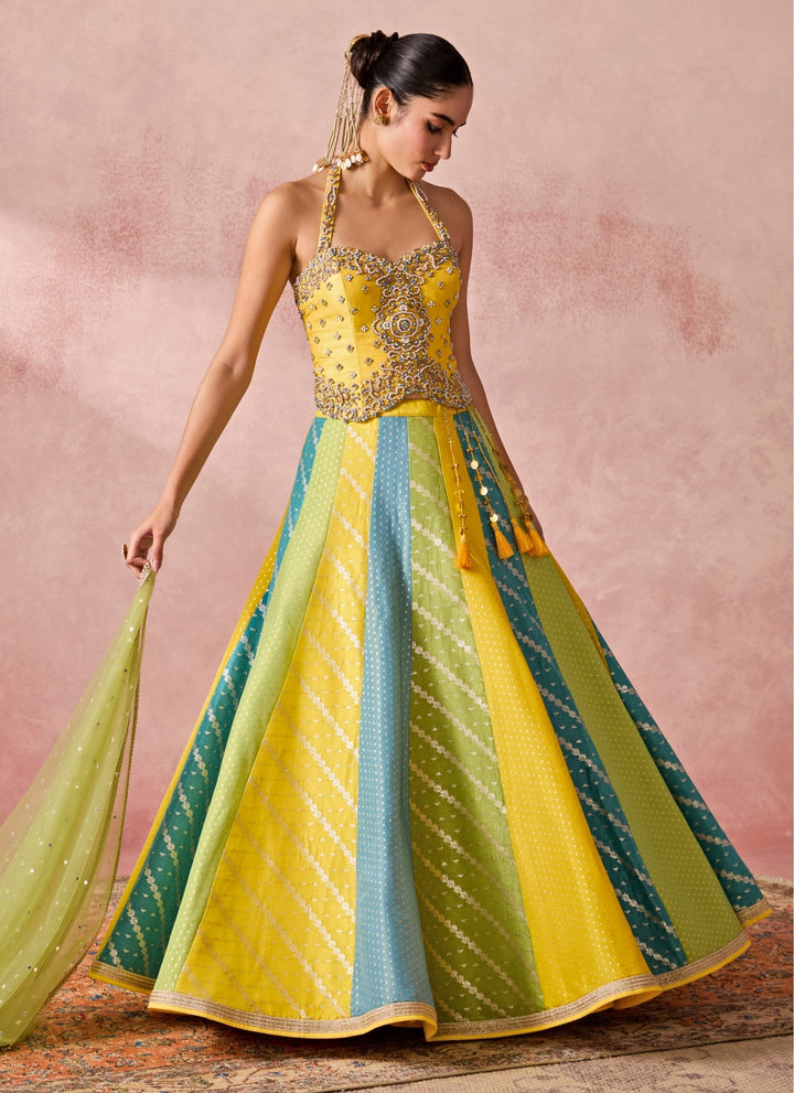 Yellow And Multicolour Jamewar Corset Lehenga Set