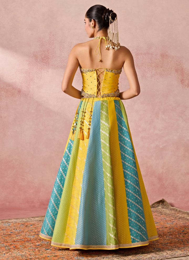 Yellow And Multicolour Jamewar Corset Lehenga Set
