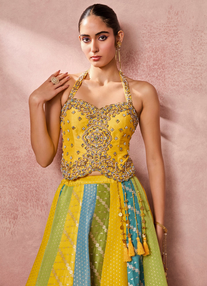 Yellow And Multicolour Jamewar Corset Lehenga Set