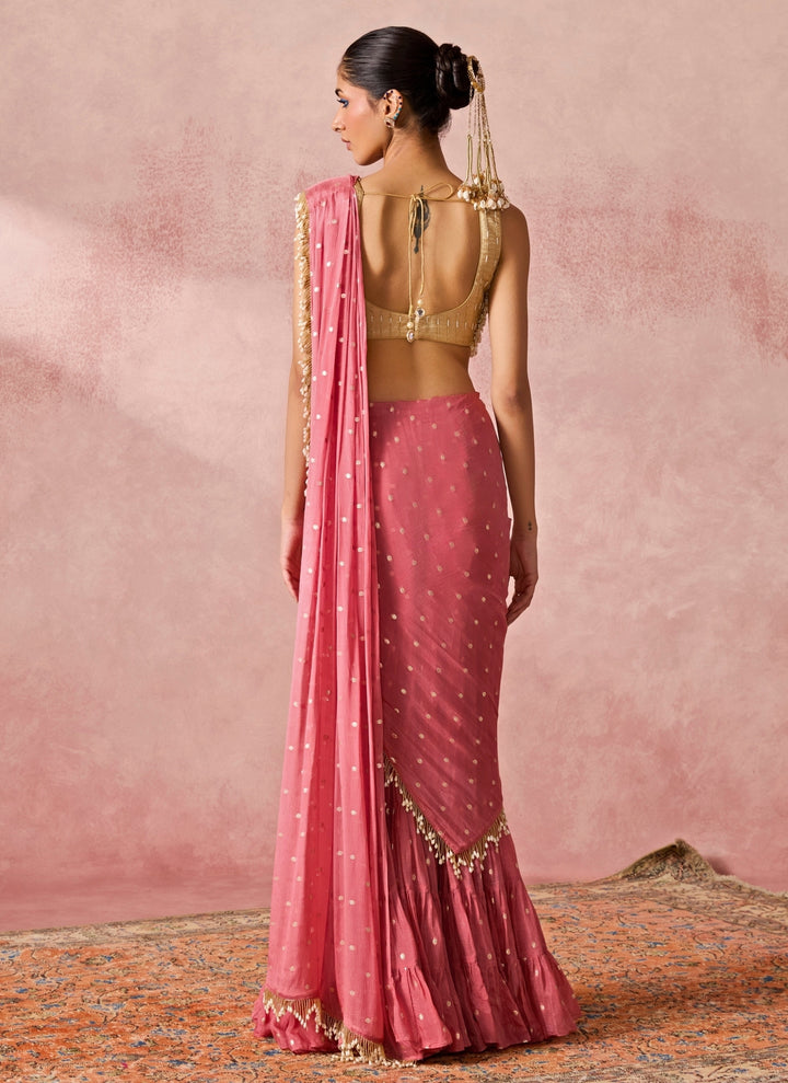 Coral Silk Pre-Draped Saree With Gold Tasseled Blouse