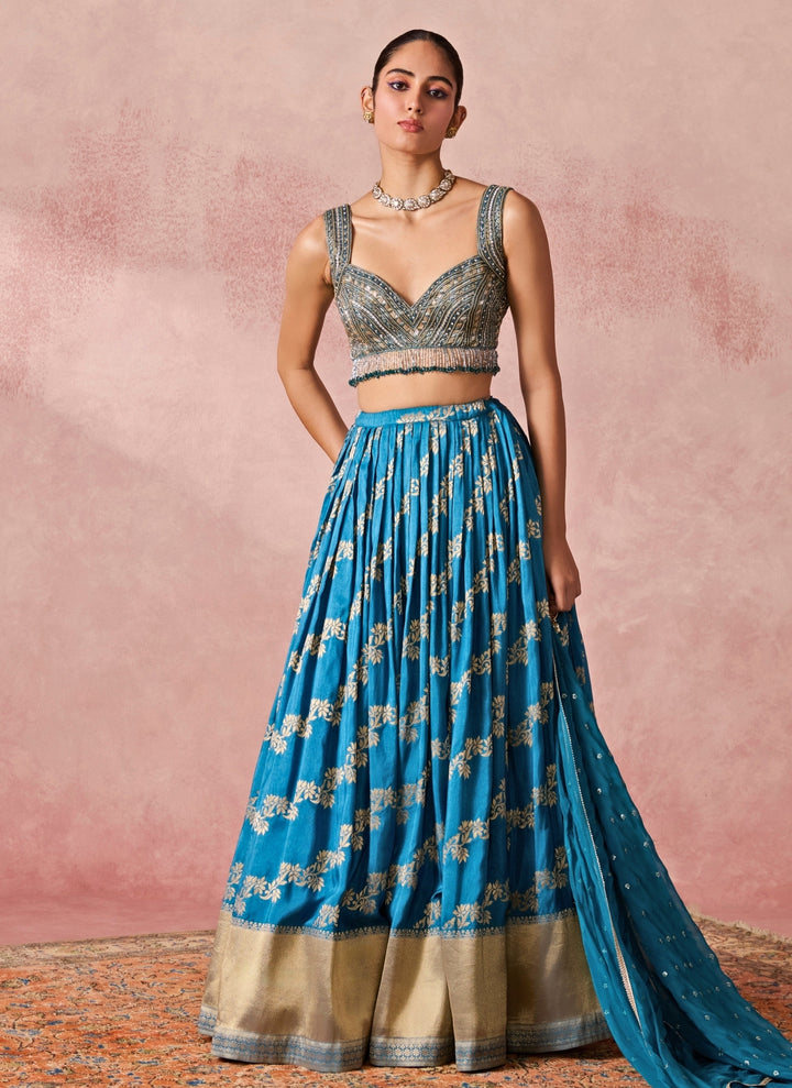Blue Jamewar Pleated Lehenga Set