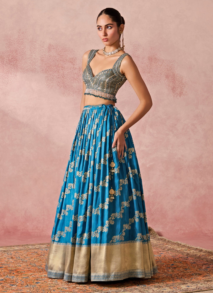 Blue Jamewar Pleated Lehenga Set