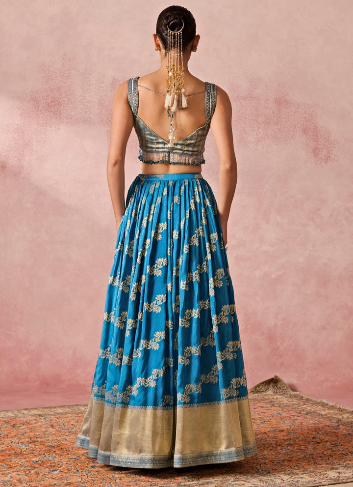 Blue Jamewar Pleated Lehenga Set