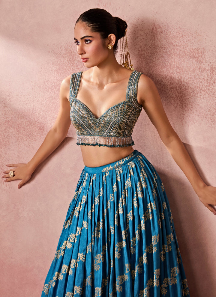 Blue Jamewar Pleated Lehenga Set