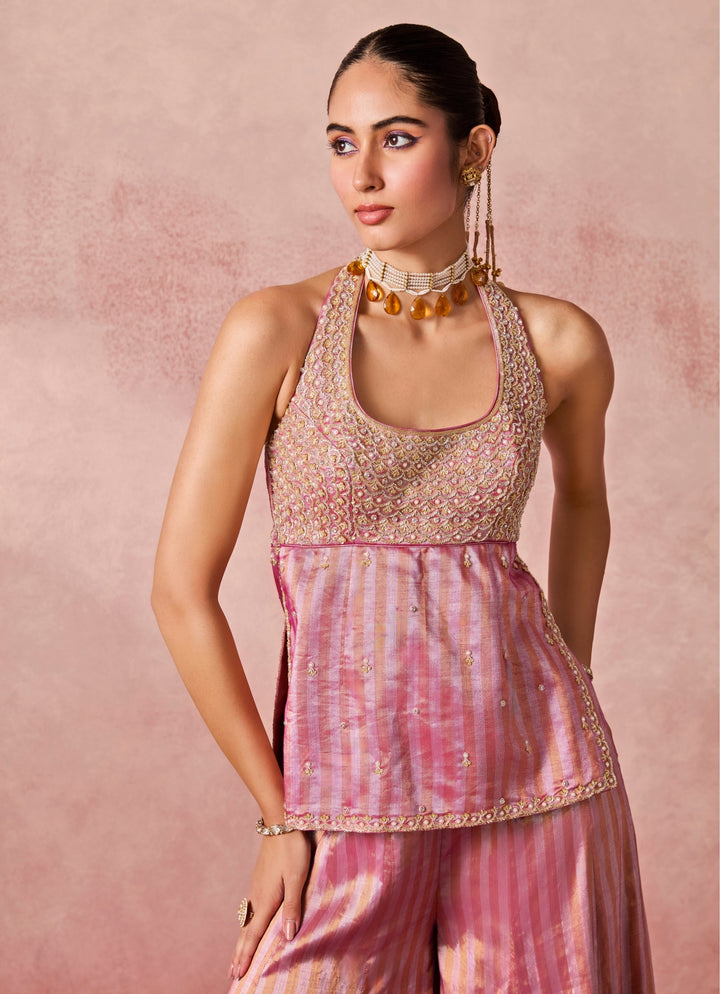 Pink Jamewar Tissue Kurta Palazzo Set