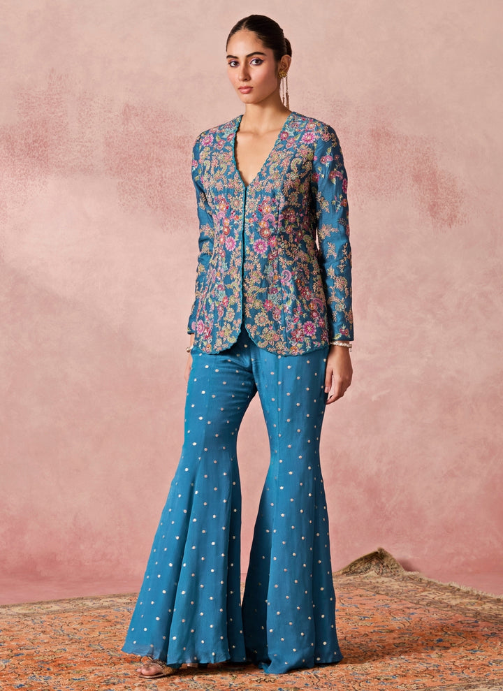 Blue Silk Jacket Pants Set