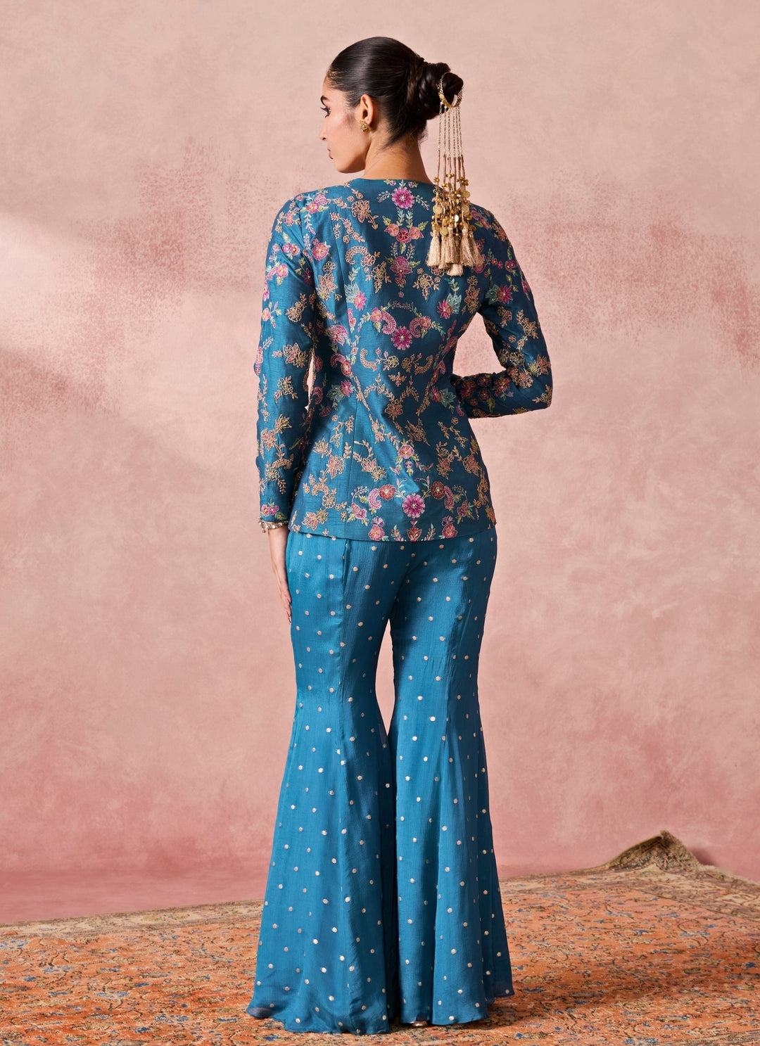 Blue Silk Jacket Pants Set
