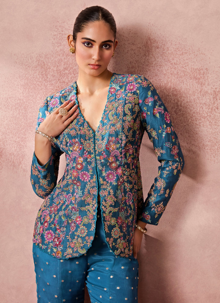 Blue Silk Jacket Pants Set