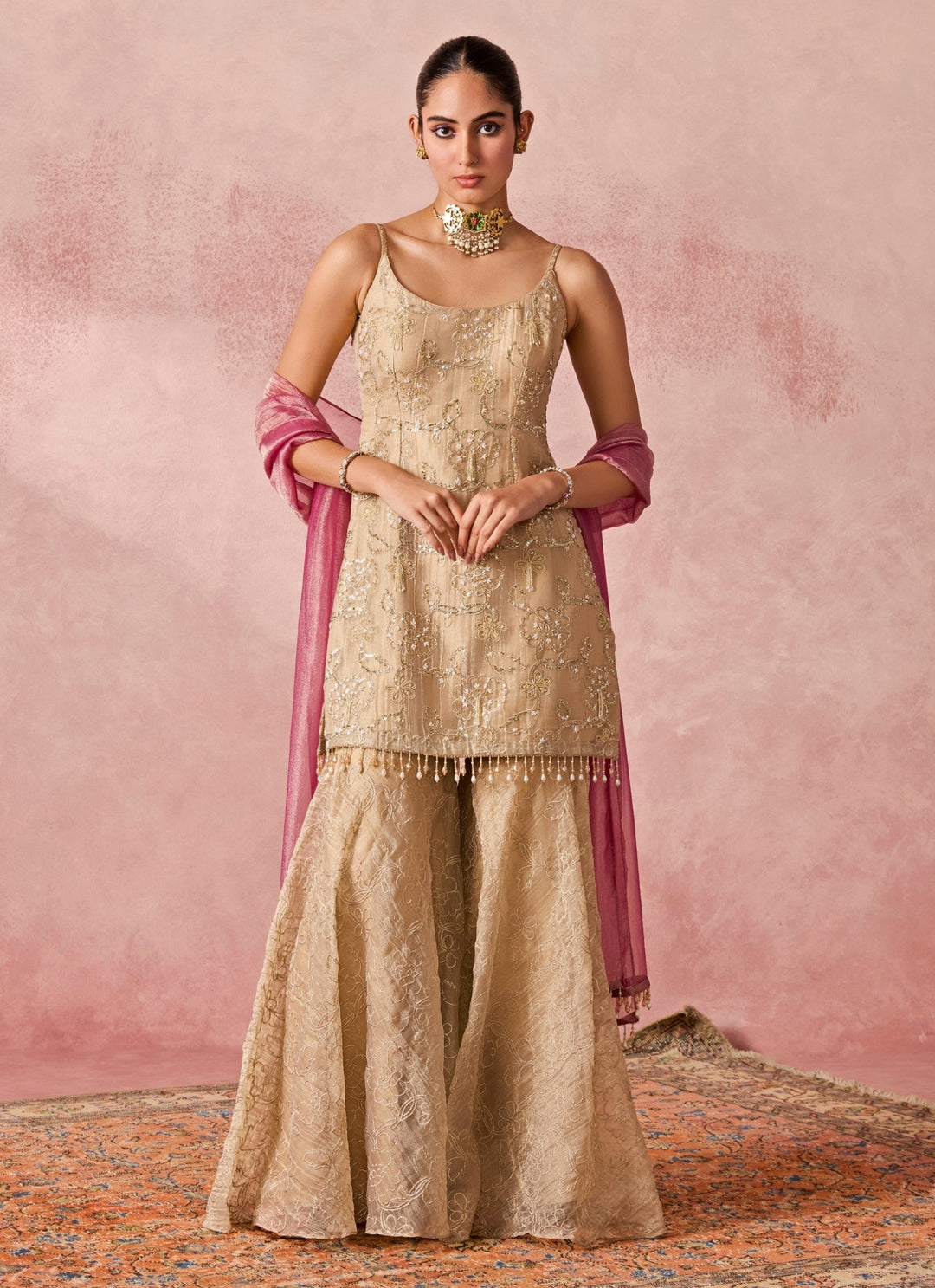 Gold Tissue Kurta Sharara Set With Pink Dupatta