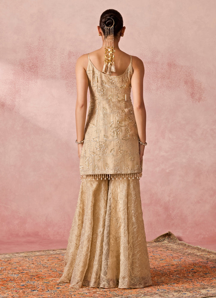 Gold Tissue Kurta Sharara Set With Pink Dupatta
