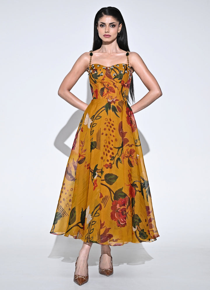 Burnt Mustard Yellow Printed Organza Corset Dress