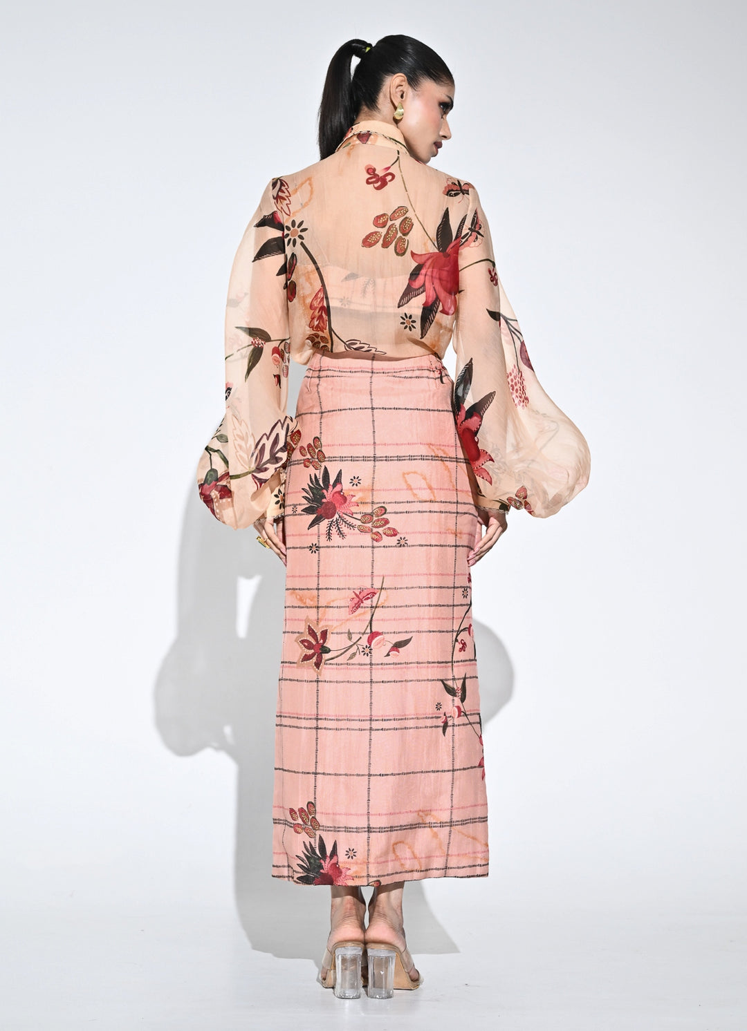 Blush Pink Printed Organza Shirt And Skirt Set