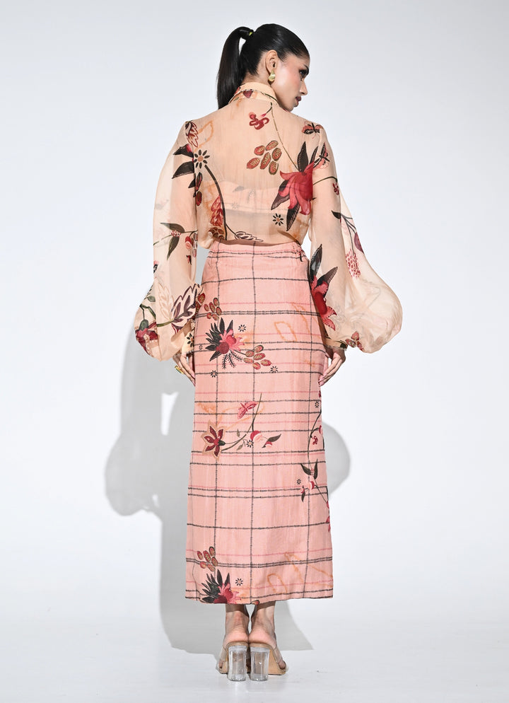 Blush Pink Printed Organza Shirt And Skirt Set