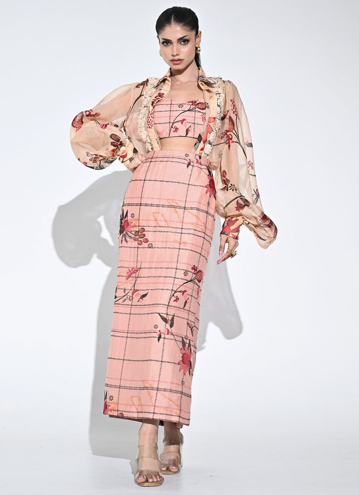 Blush Pink Printed Organza Shirt And Skirt Set