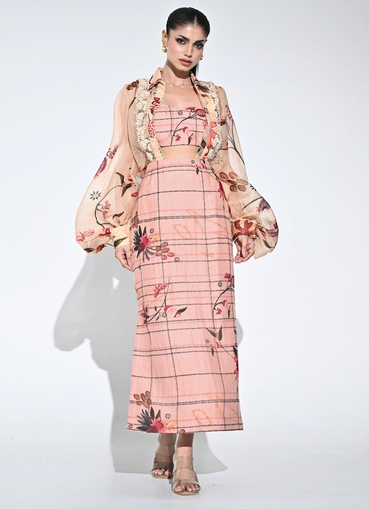 Blush Pink Printed Organza Shirt And Skirt Set