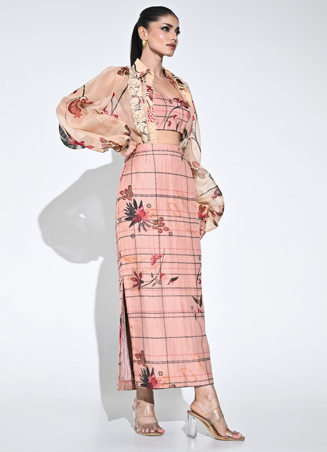 Blush Pink Printed Organza Shirt And Skirt Set