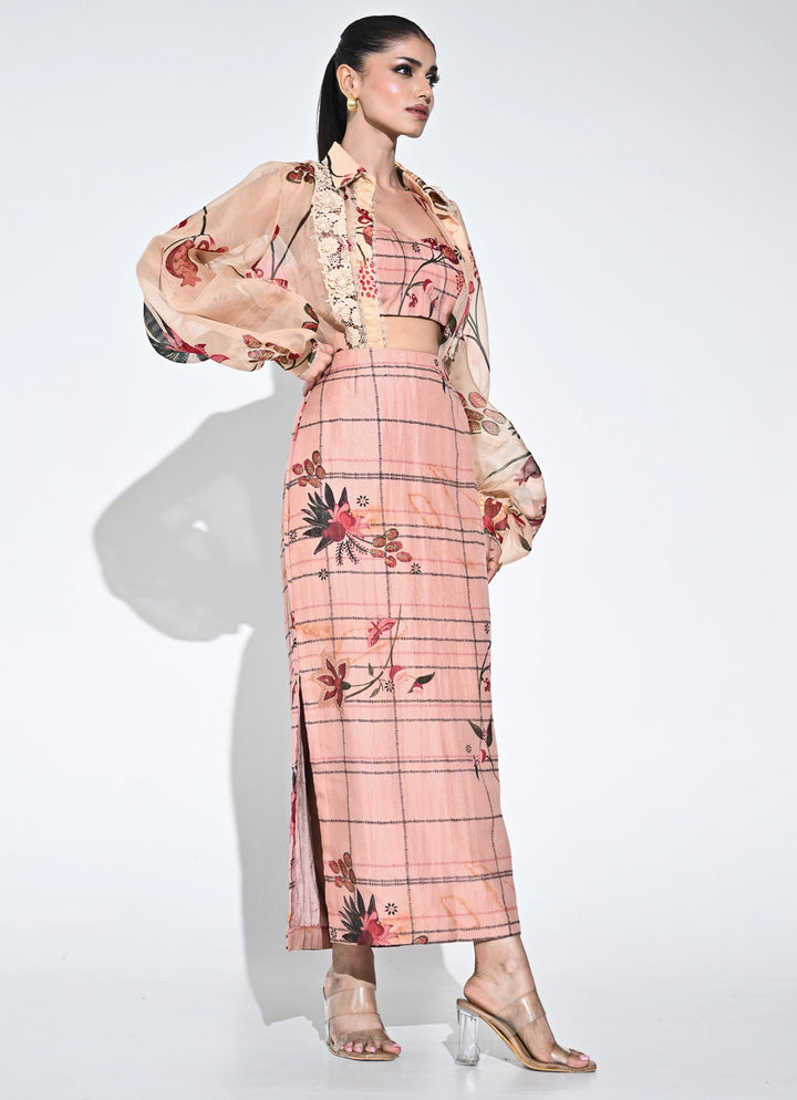 Blush Pink Printed Organza Shirt And Skirt Set