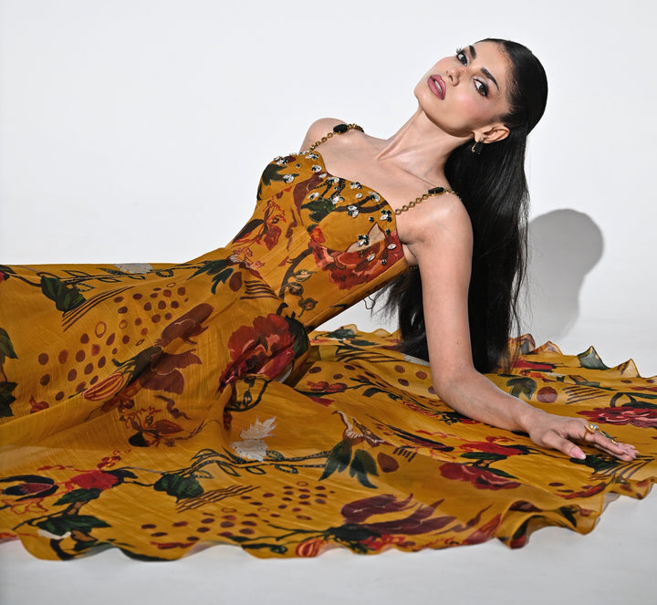 Burnt Mustard Yellow Printed Organza Corset Dress