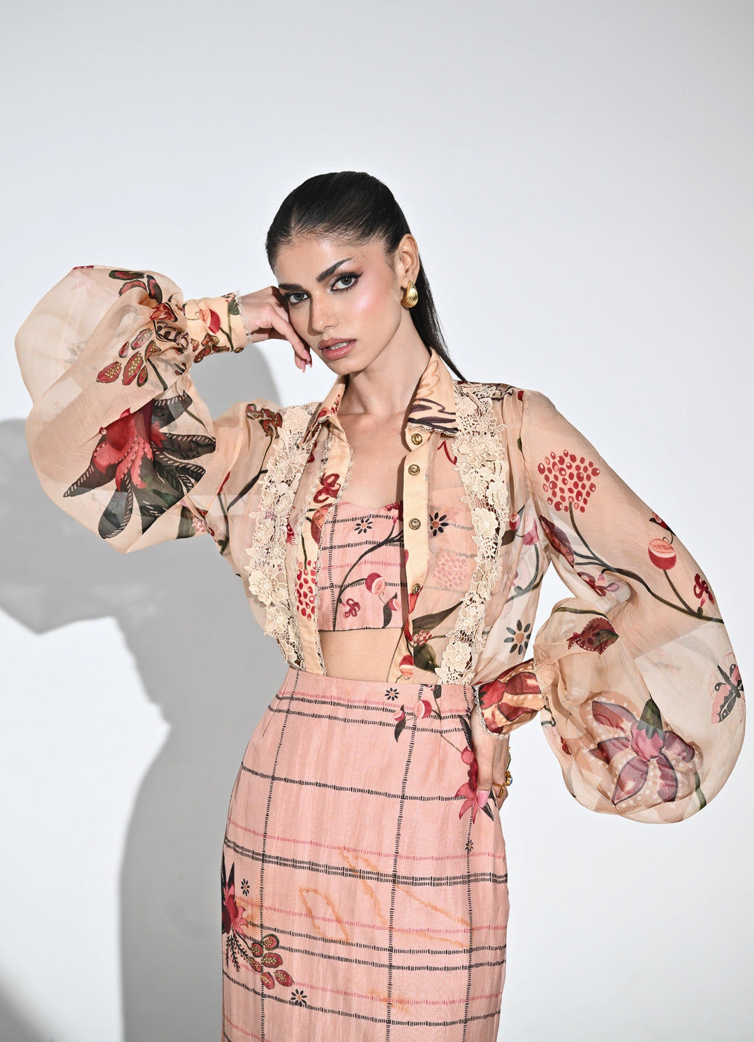 Blush Pink Printed Organza Shirt And Skirt Set