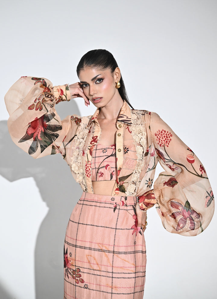 Blush Pink Printed Organza Shirt And Skirt Set