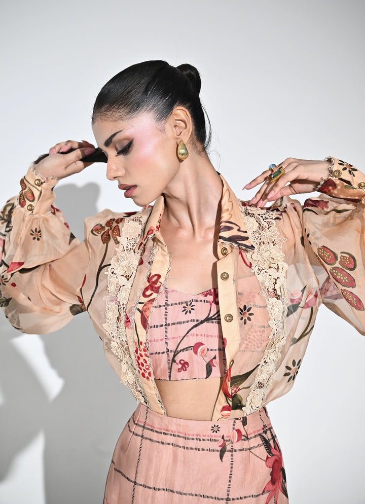 Blush Pink Printed Organza Shirt And Skirt Set