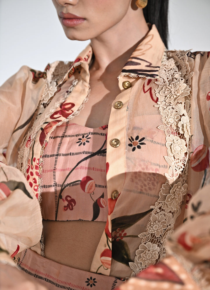 Blush Pink Printed Organza Shirt And Skirt Set