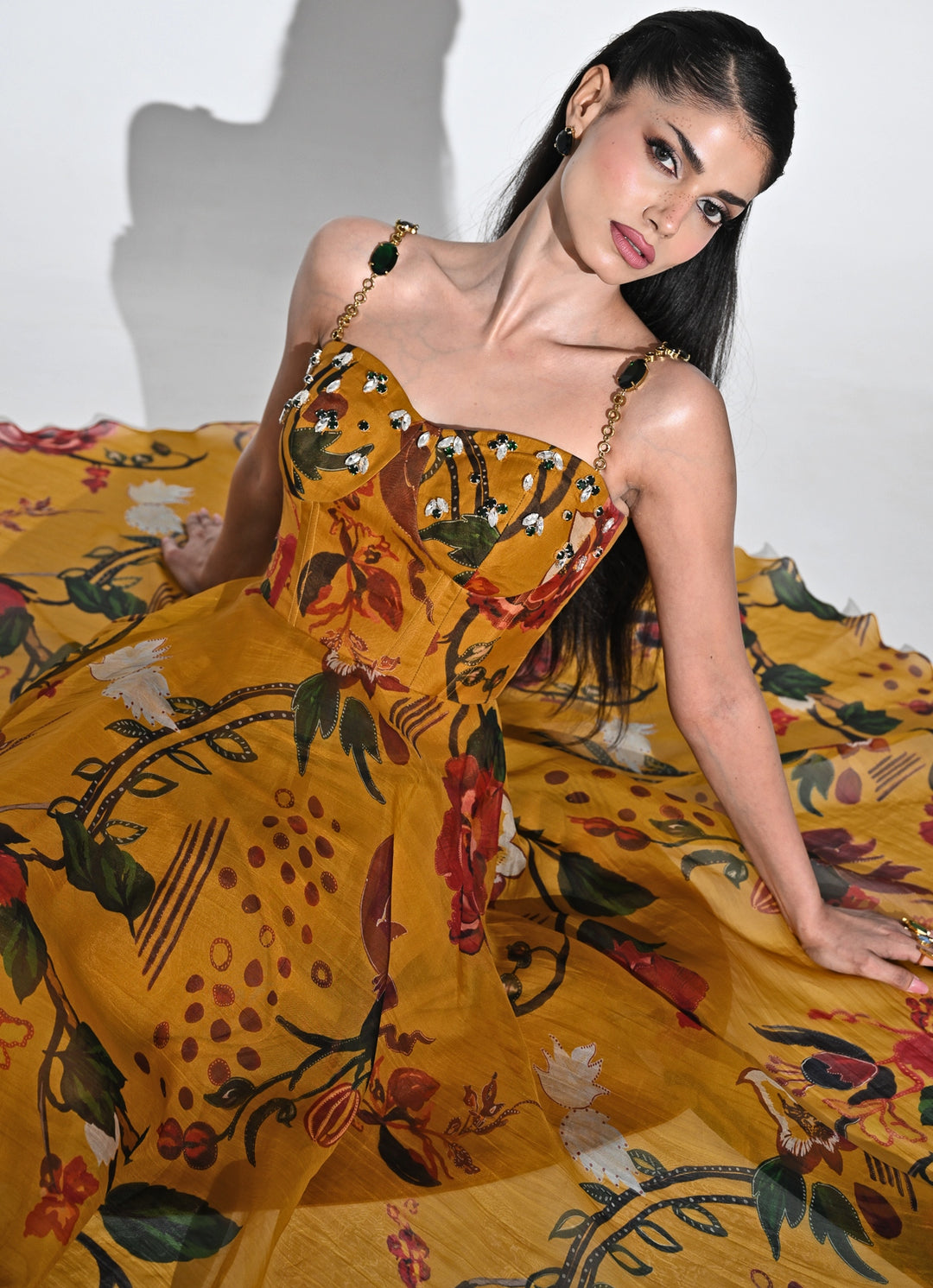 Burnt Mustard Yellow Printed Organza Corset Dress