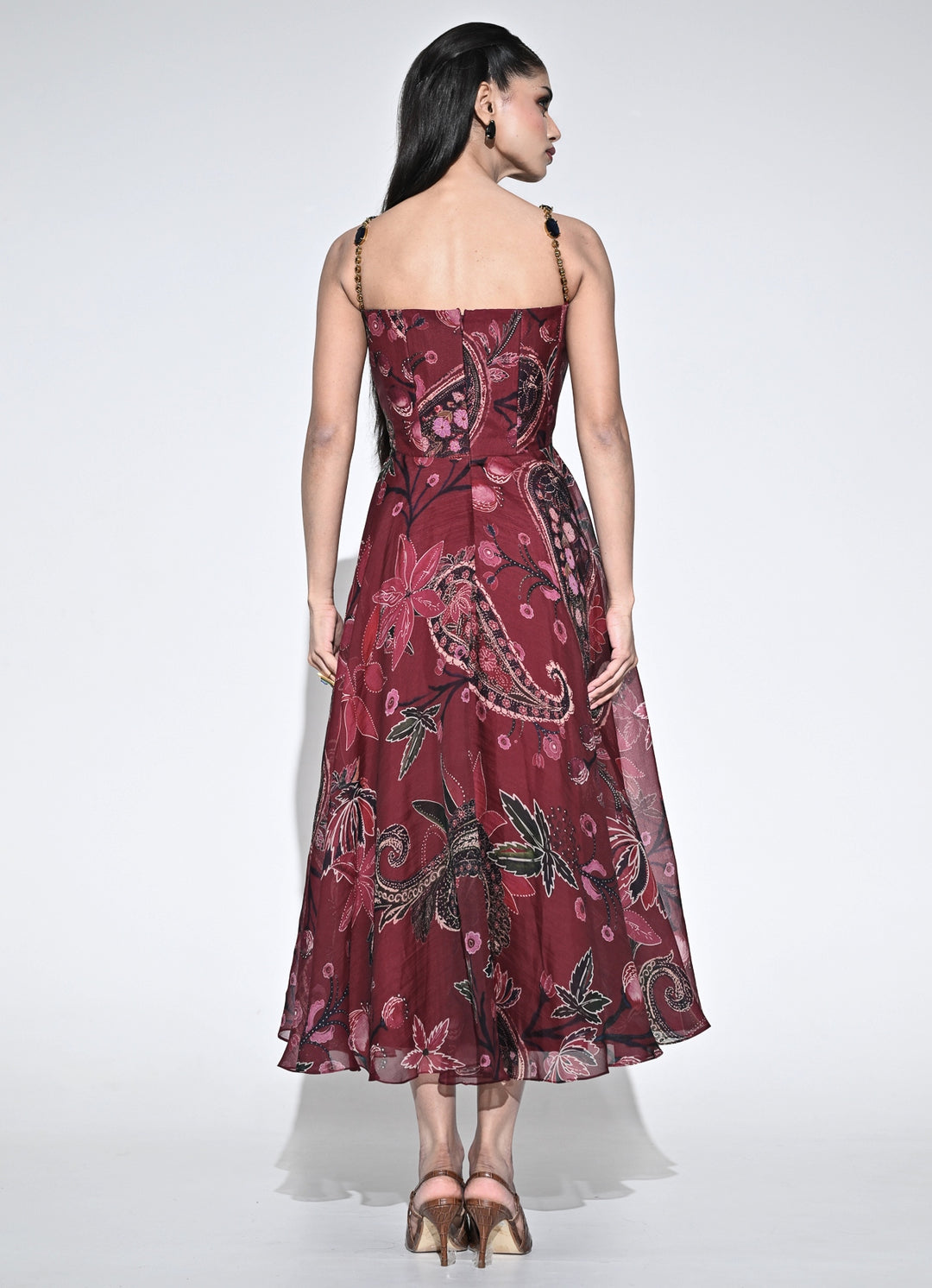 Burnt Pink Printed Organza Corset Dress
