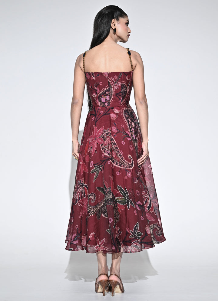 Burnt Pink Printed Organza Corset Dress