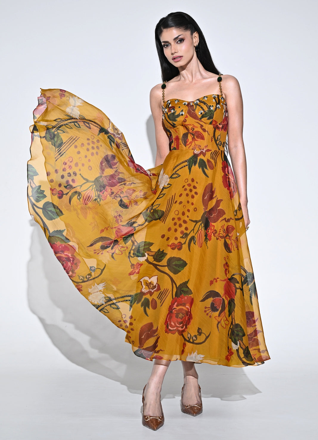 Burnt Mustard Yellow Printed Organza Corset Dress