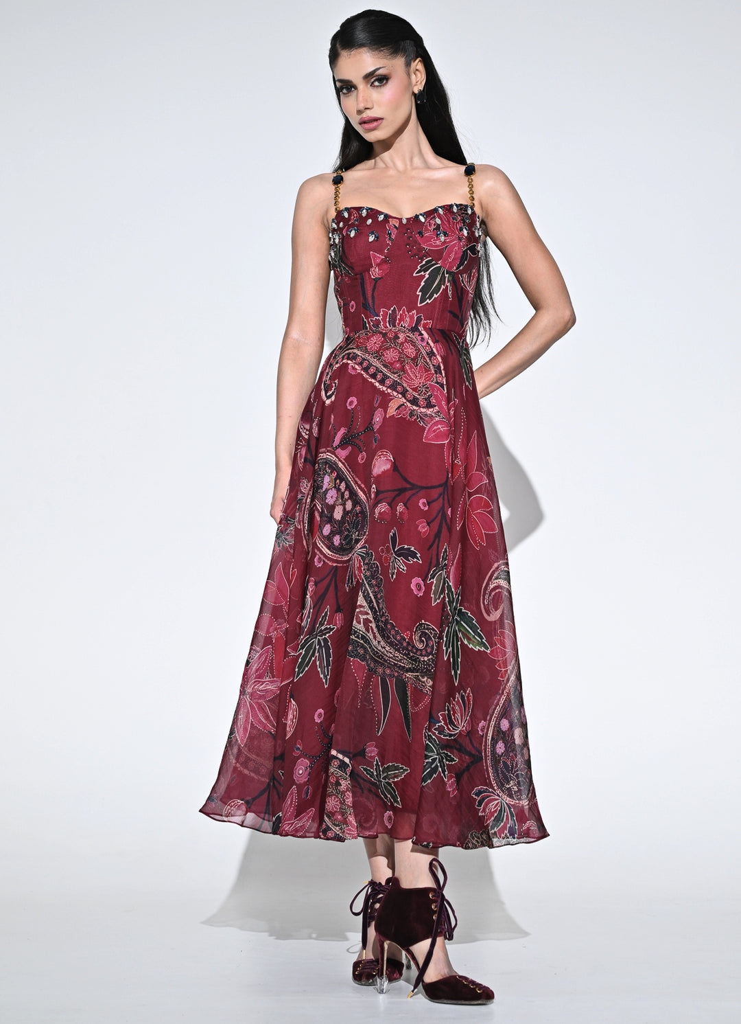 Burnt Pink Printed Organza Corset Dress