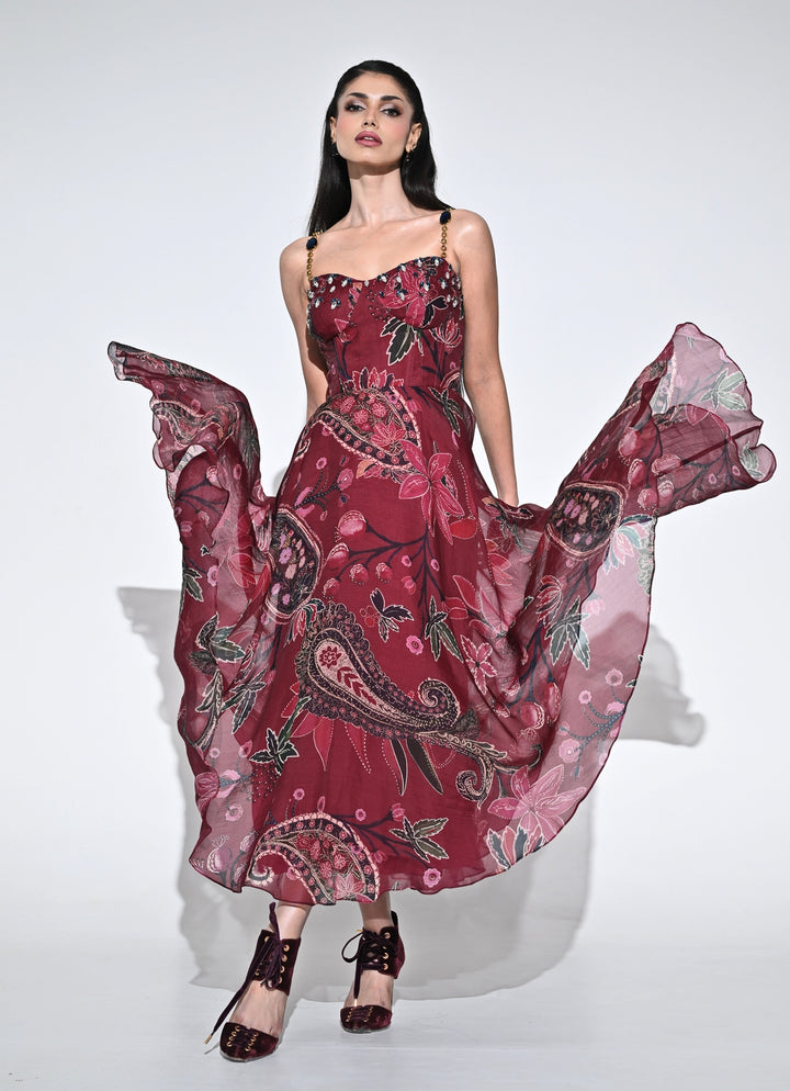 Burnt Pink Printed Organza Corset Dress