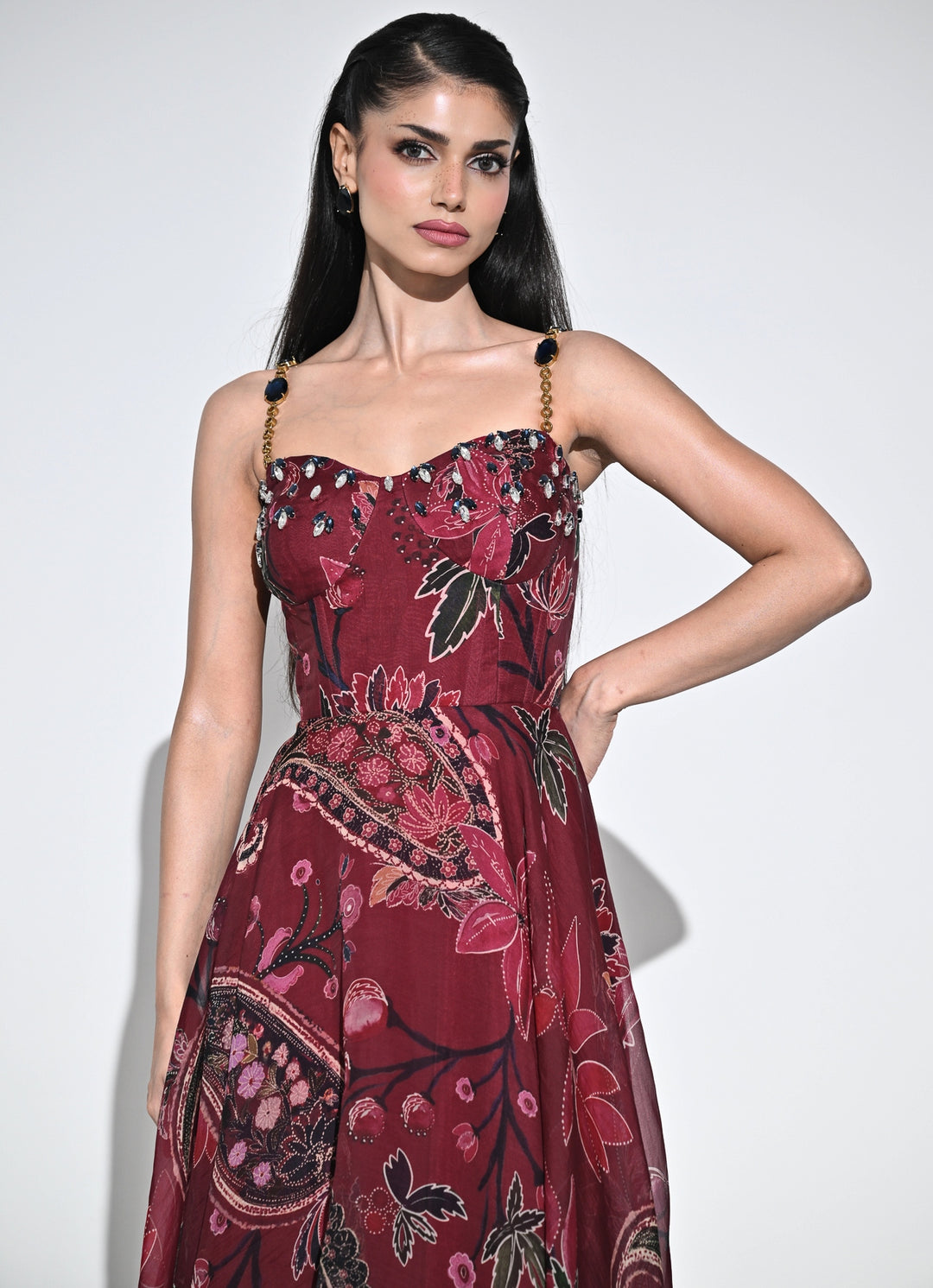 Burnt Pink Printed Organza Corset Dress