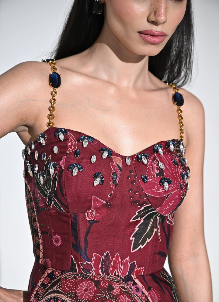 Burnt Pink Printed Organza Corset Dress