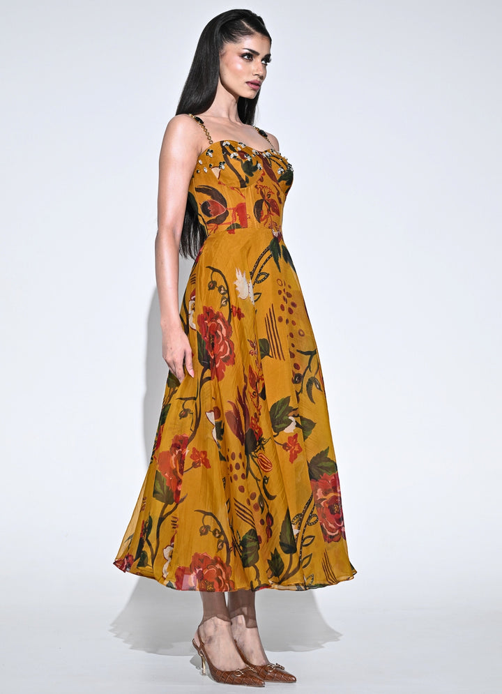 Burnt Mustard Yellow Printed Organza Corset Dress