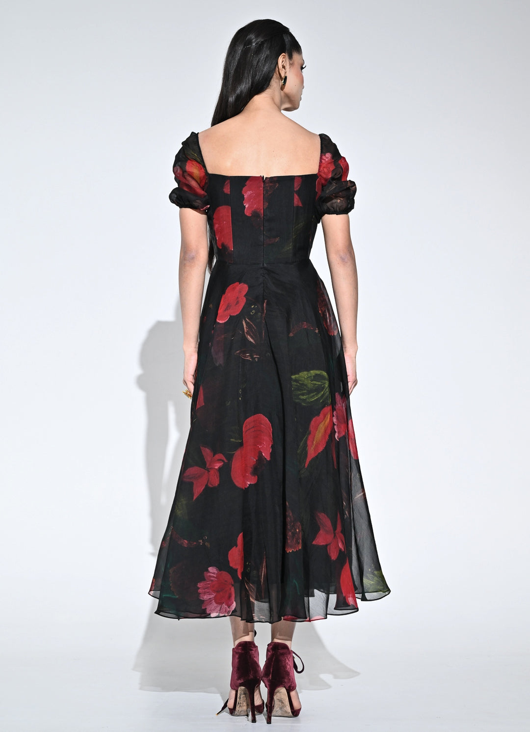 Black Printed Organza Corset Midi Dress