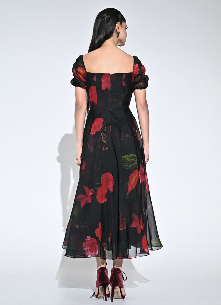 Black Printed Organza Corset Midi Dress