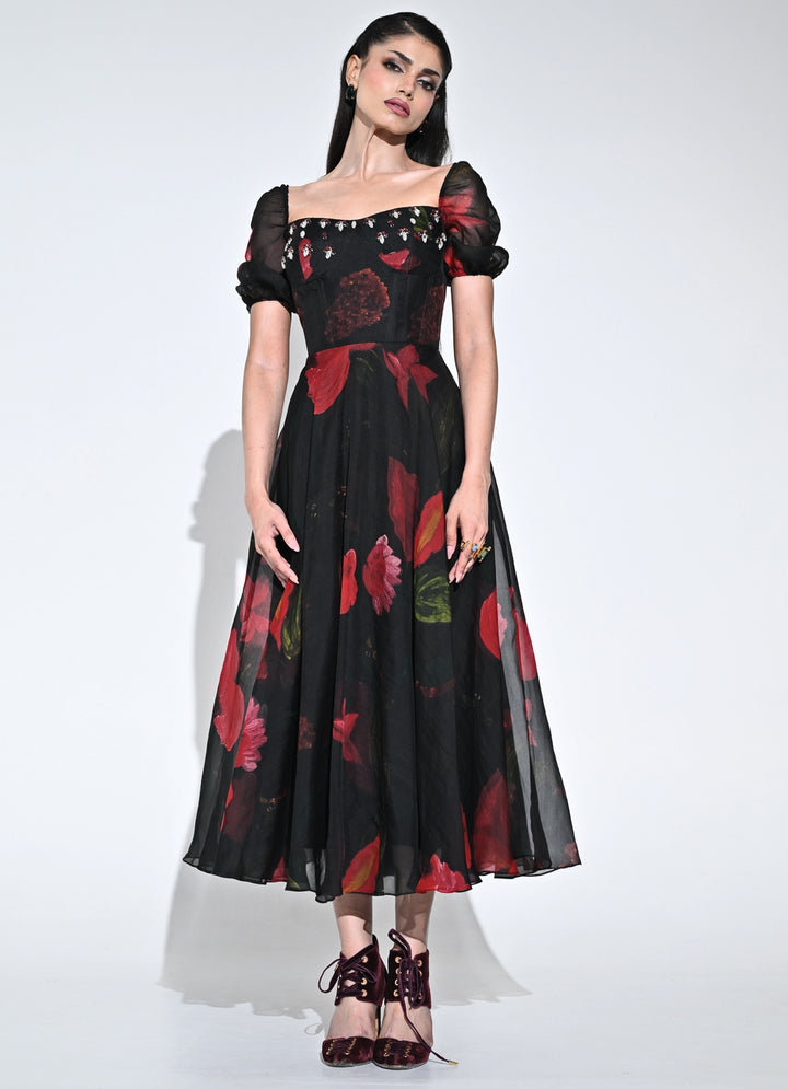 Black Printed Organza Corset Midi Dress