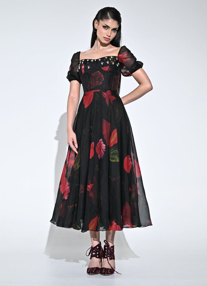 Black Printed Organza Corset Midi Dress
