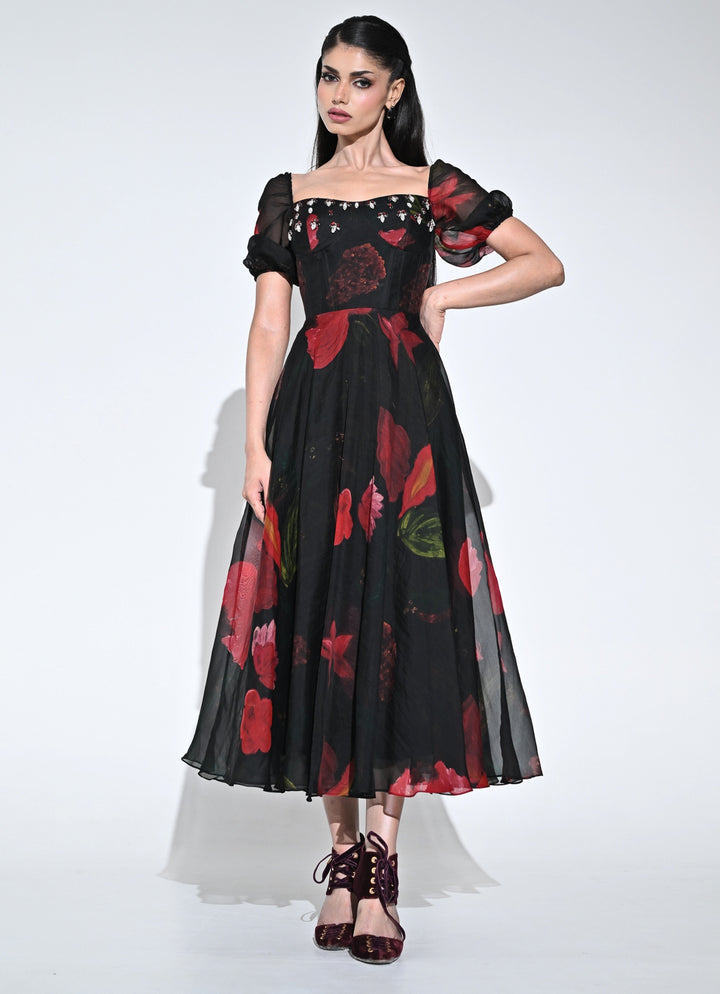Black Printed Organza Corset Midi Dress