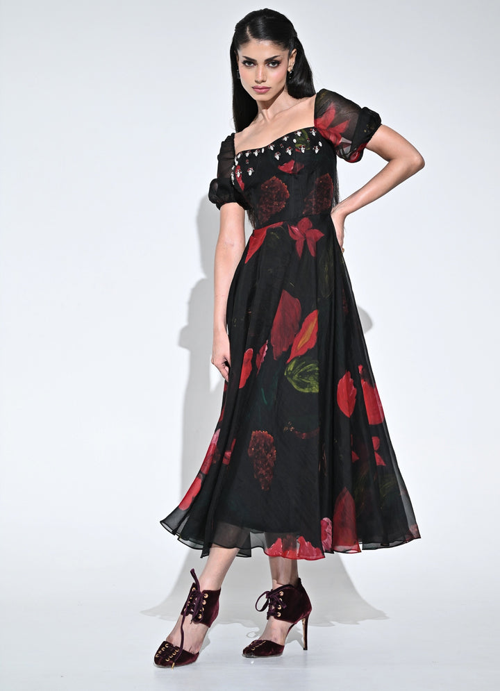 Black Printed Organza Corset Midi Dress