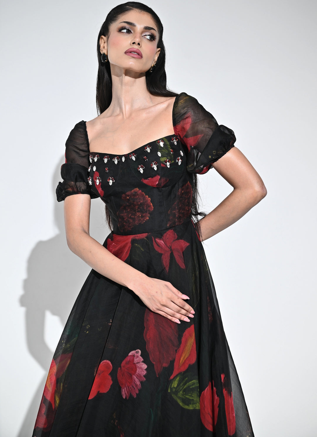 Black Printed Organza Corset Midi Dress