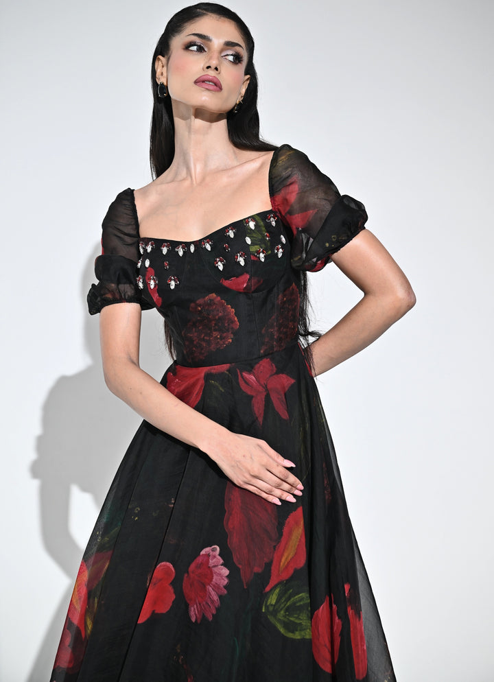 Black Printed Organza Corset Midi Dress