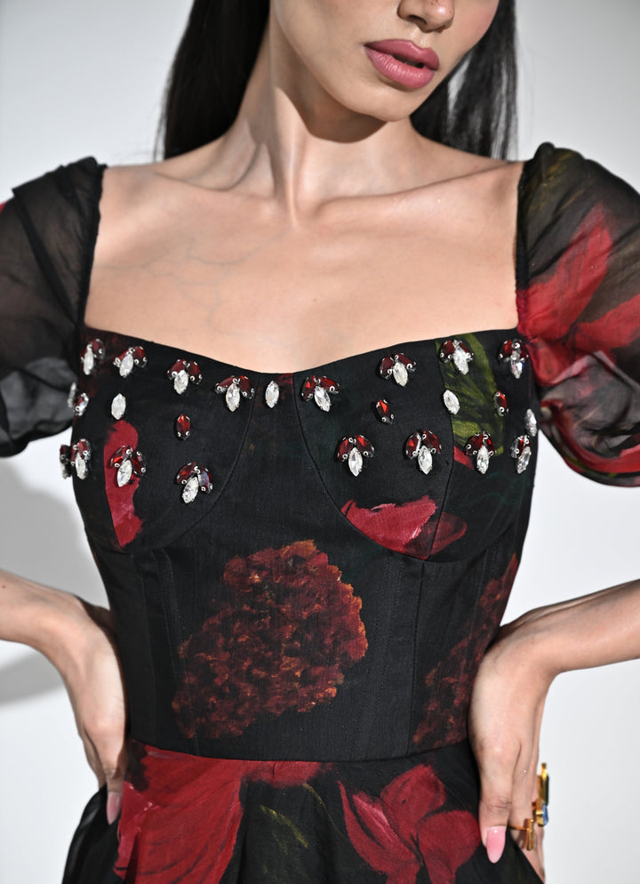 Black Printed Organza Corset Midi Dress