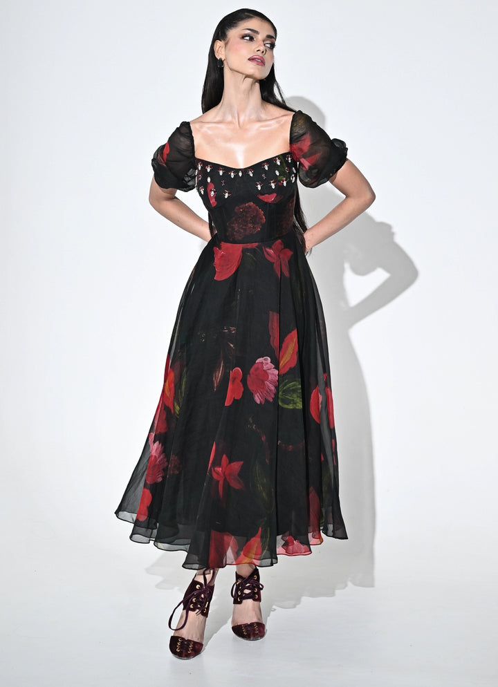 Black Printed Organza Corset Midi Dress