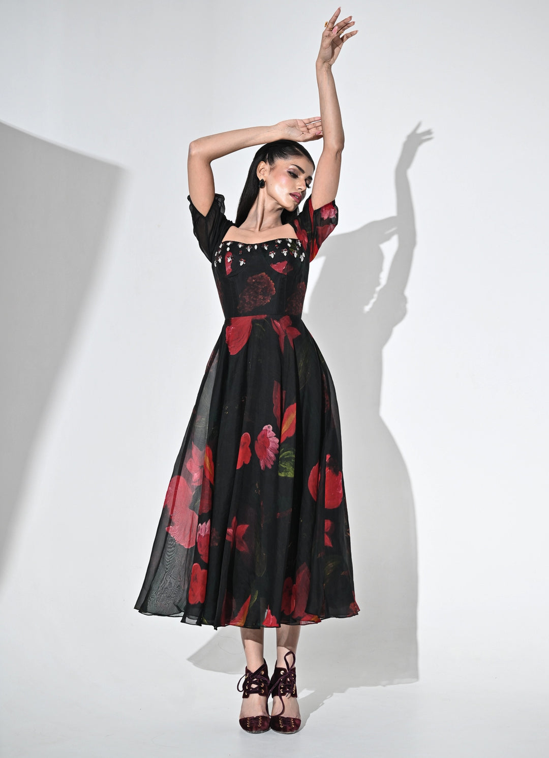 Black Printed Organza Corset Midi Dress