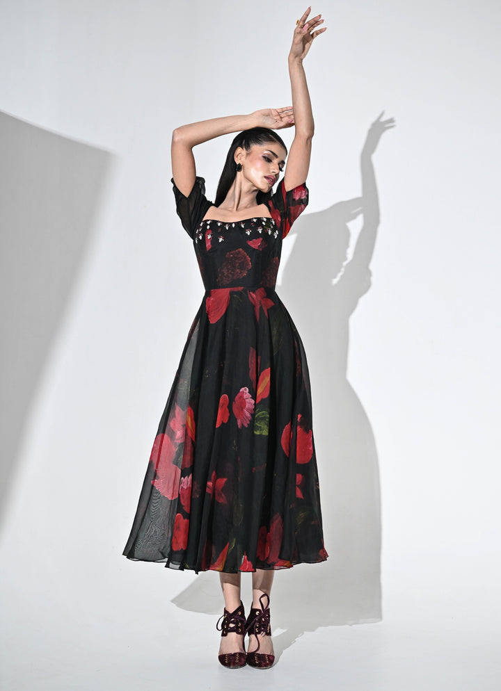 Black Printed Organza Corset Midi Dress