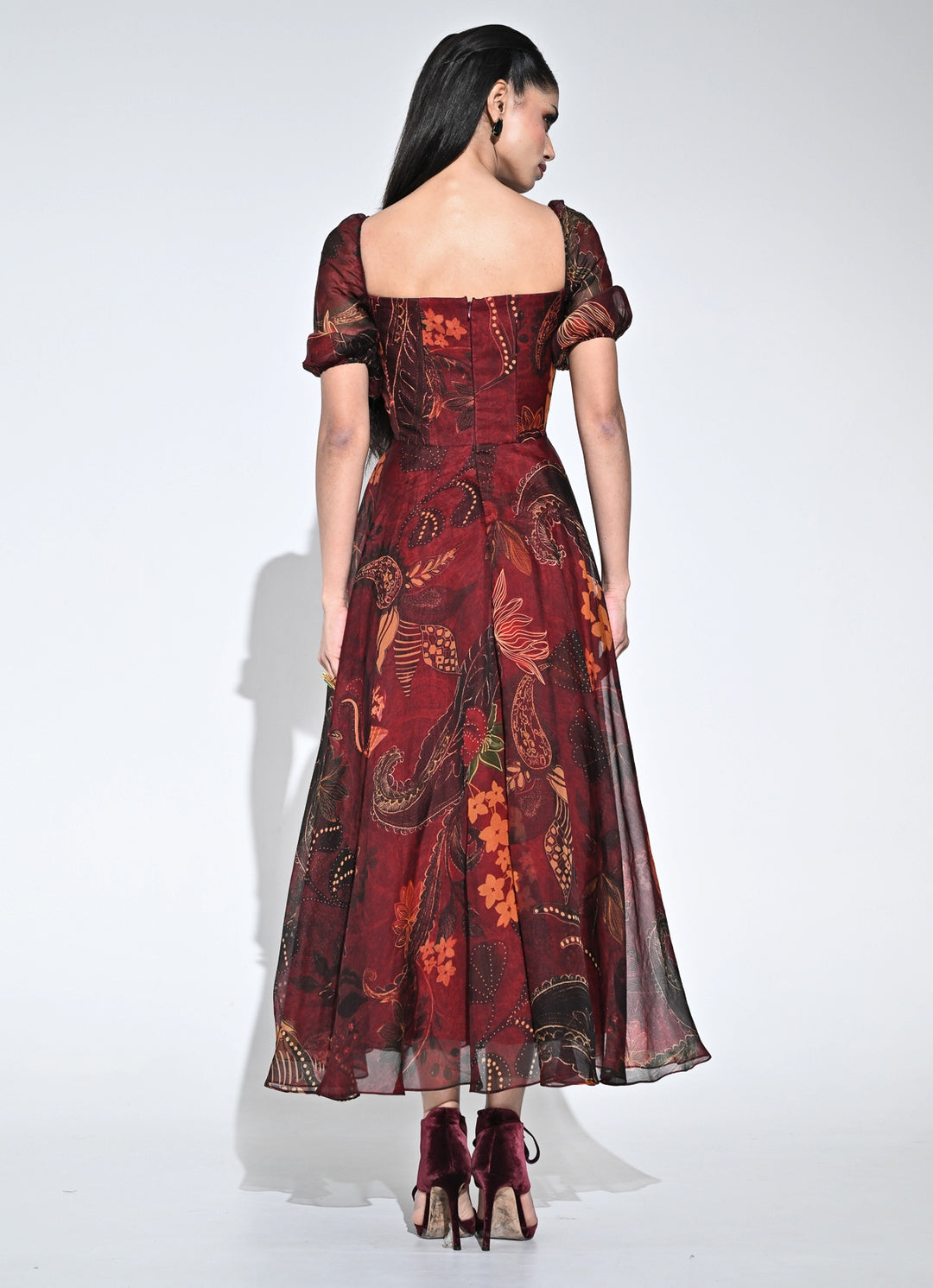 Wine Printed Organza Corset Midi Dress