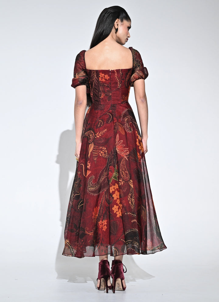Wine Printed Organza Corset Midi Dress