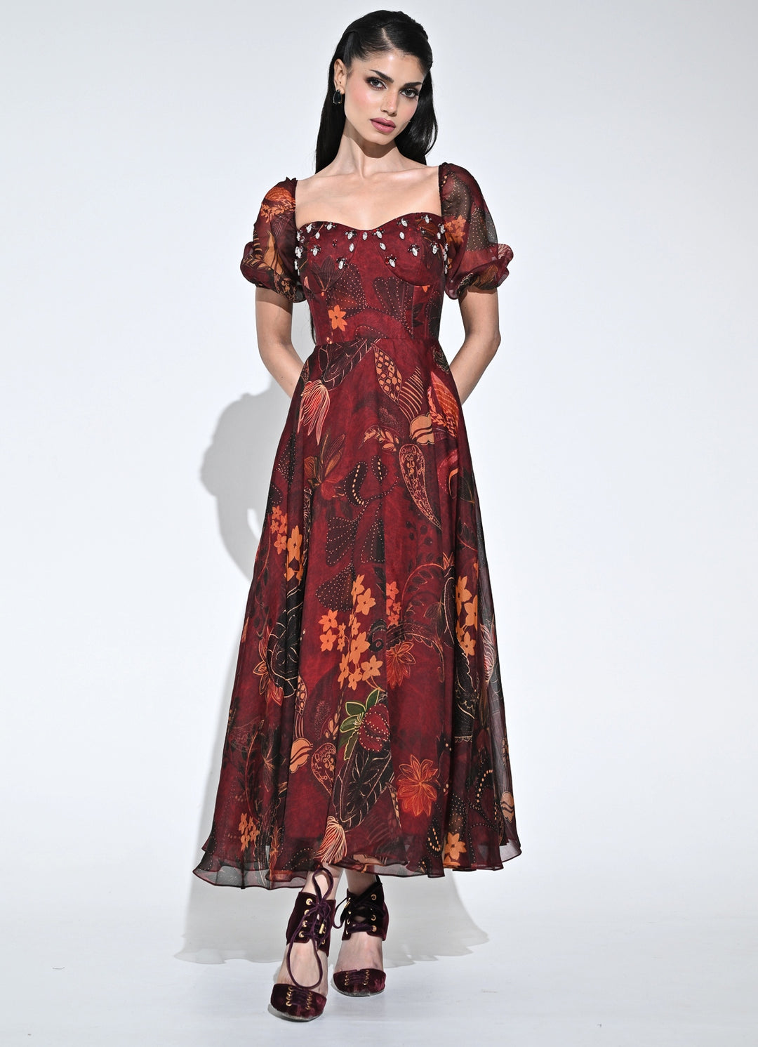 Wine Printed Organza Corset Midi Dress